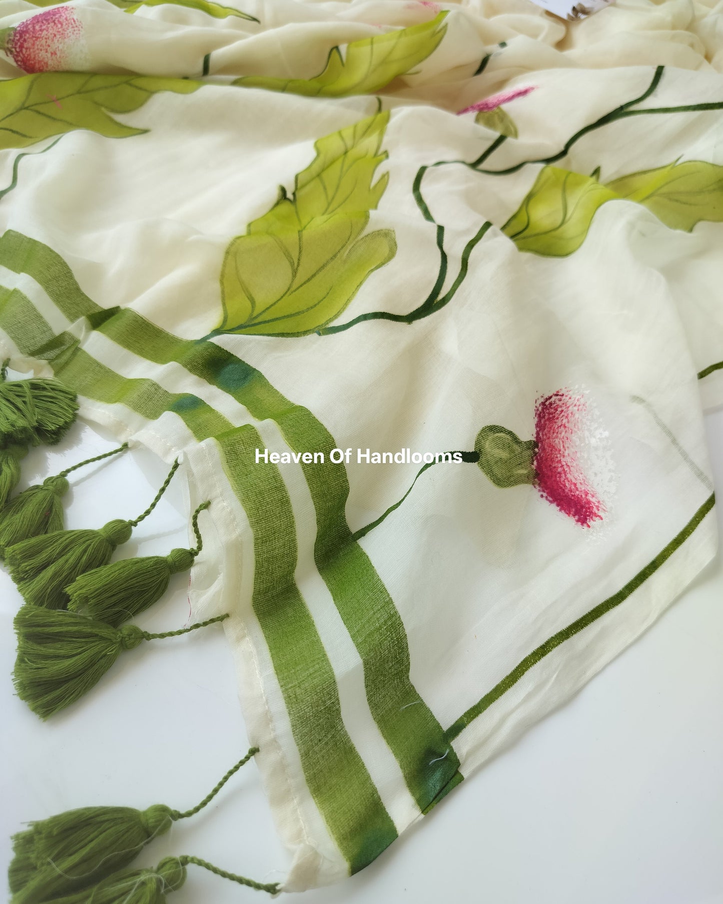 Onam-Vishu Saree - Olive Green Thistle Hand Painted