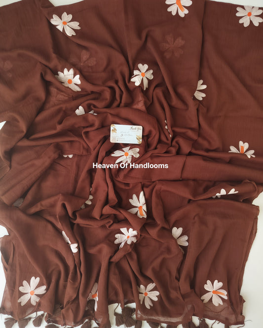Hand Painted Saree - Brown with White Daisies