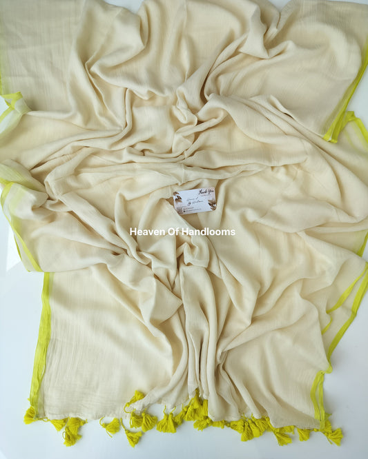 Plain Mul Saree - Cream with Yellow Border