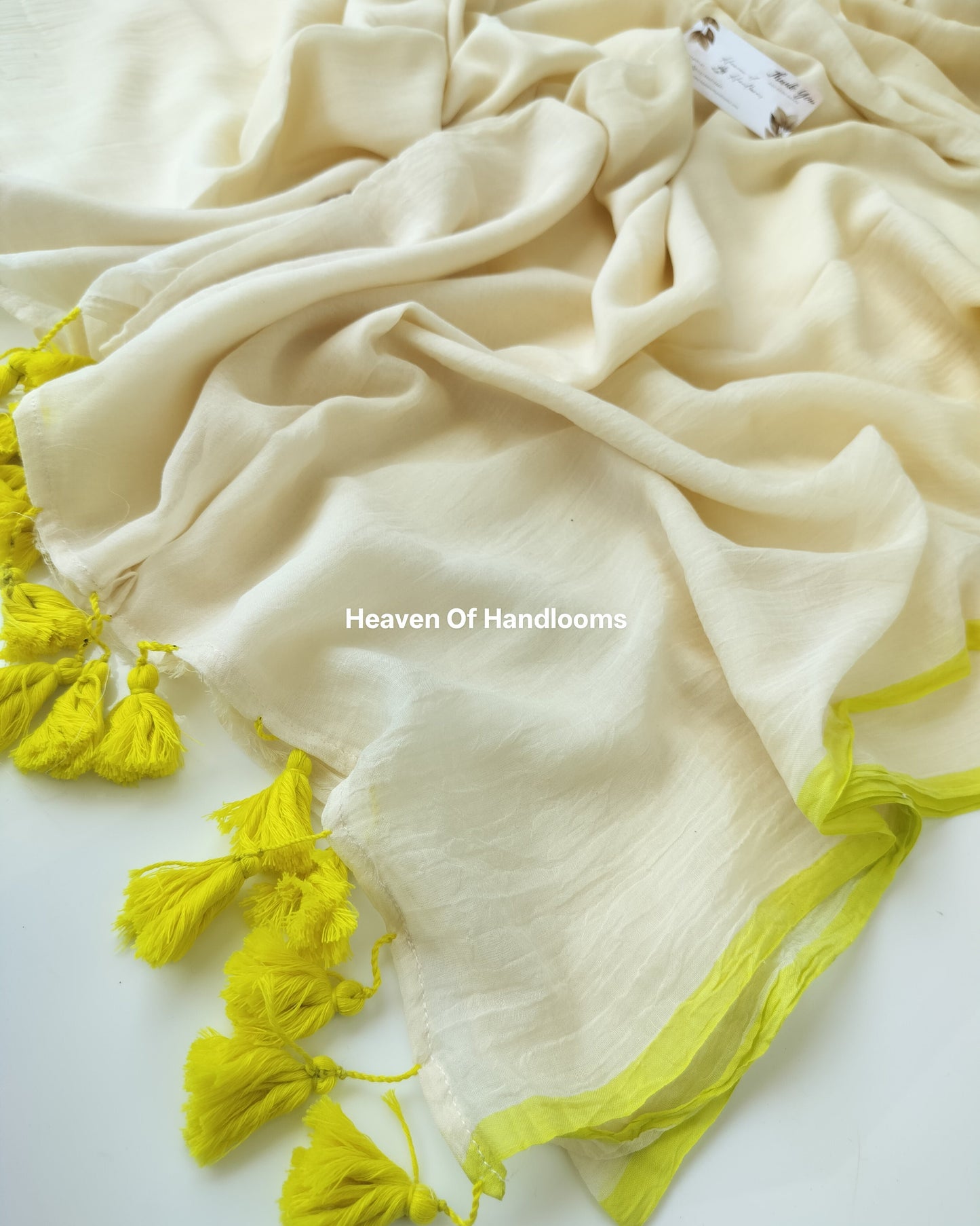 Plain Mul Saree - Cream with Yellow Border