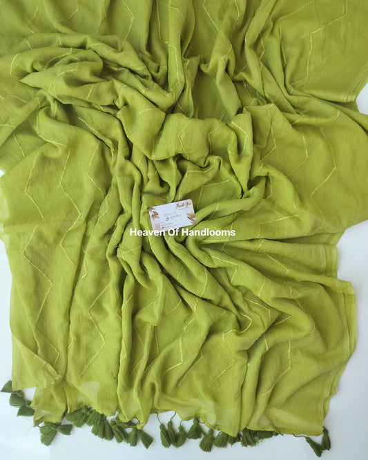 Embroidery Saree - Olive Zig Zag