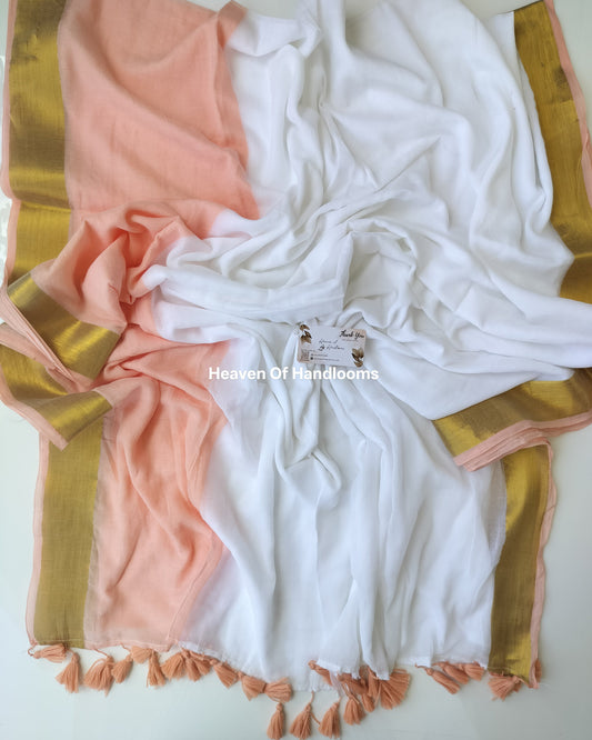 Onam-Vishu Saree - Pale Peach and White with Golden Border