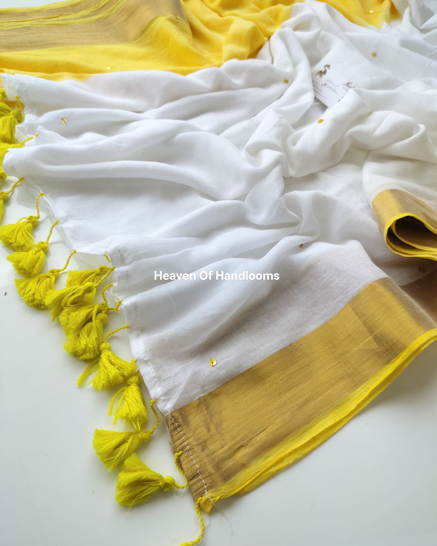 Onam-Vishu Saree - Yellow and White Gini with Golden Border