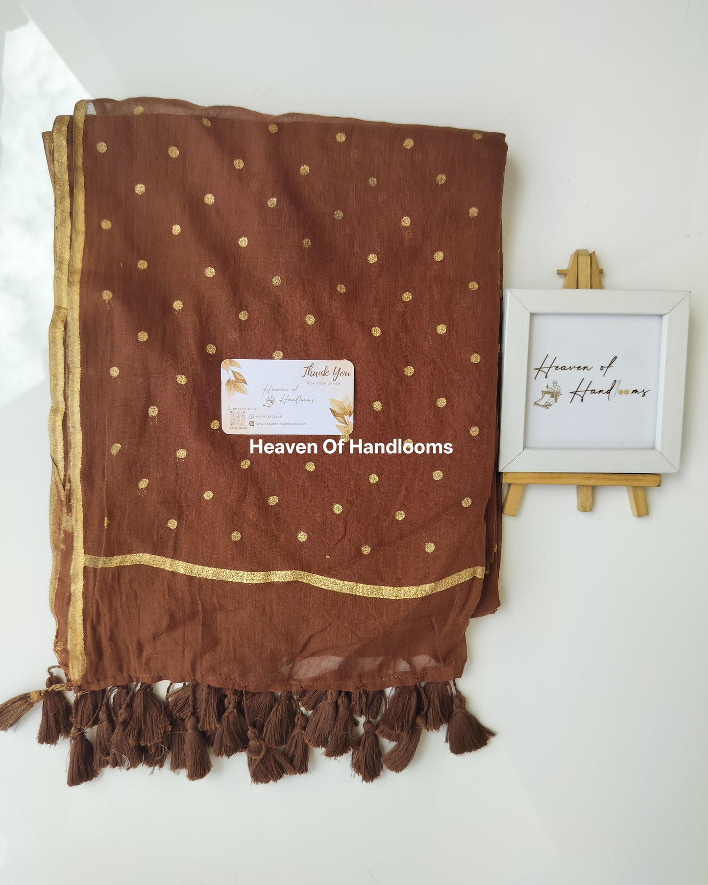 Printed Saree - Brown with Golden Polka Dot