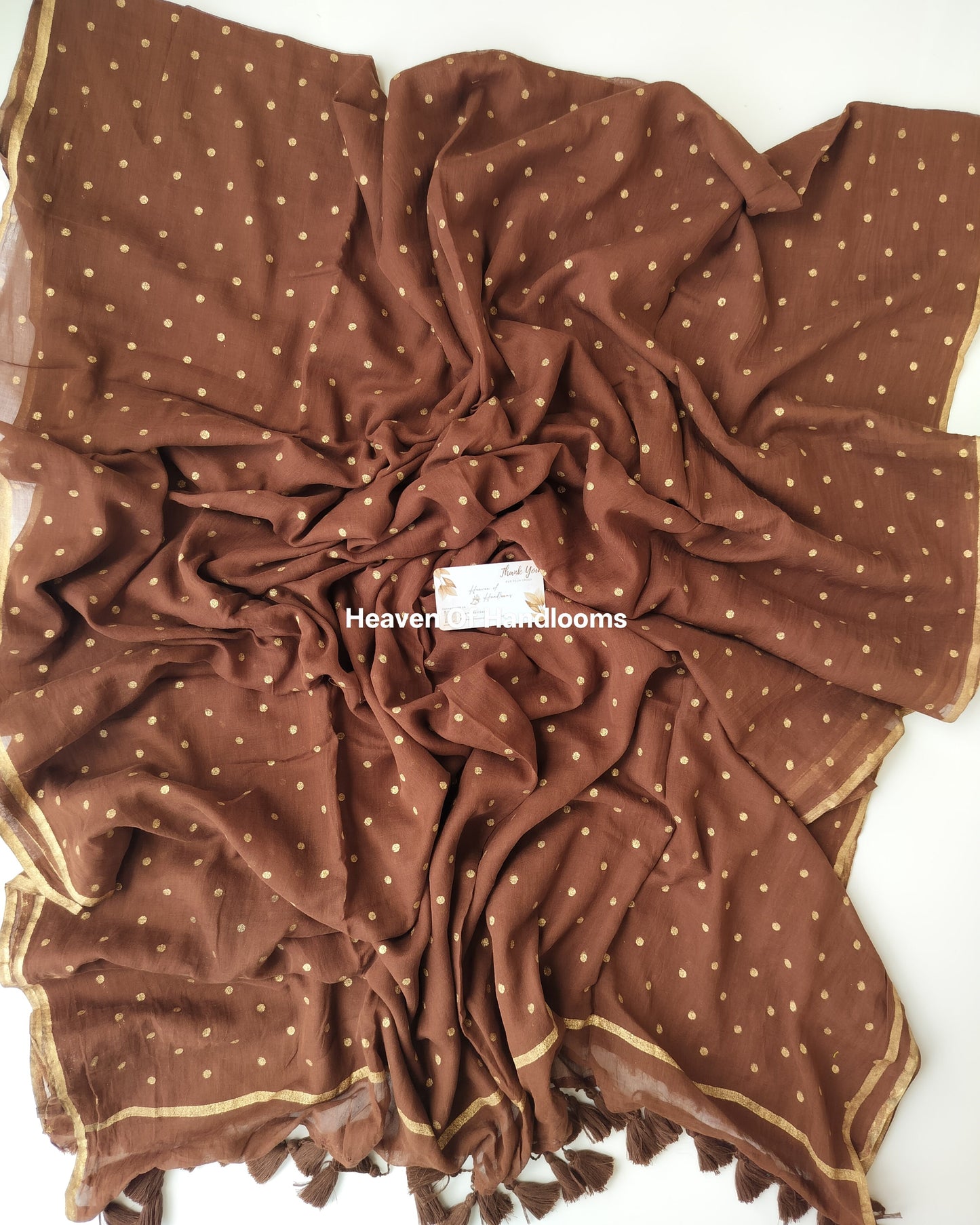 Printed Saree - Brown with Golden Polka Dot