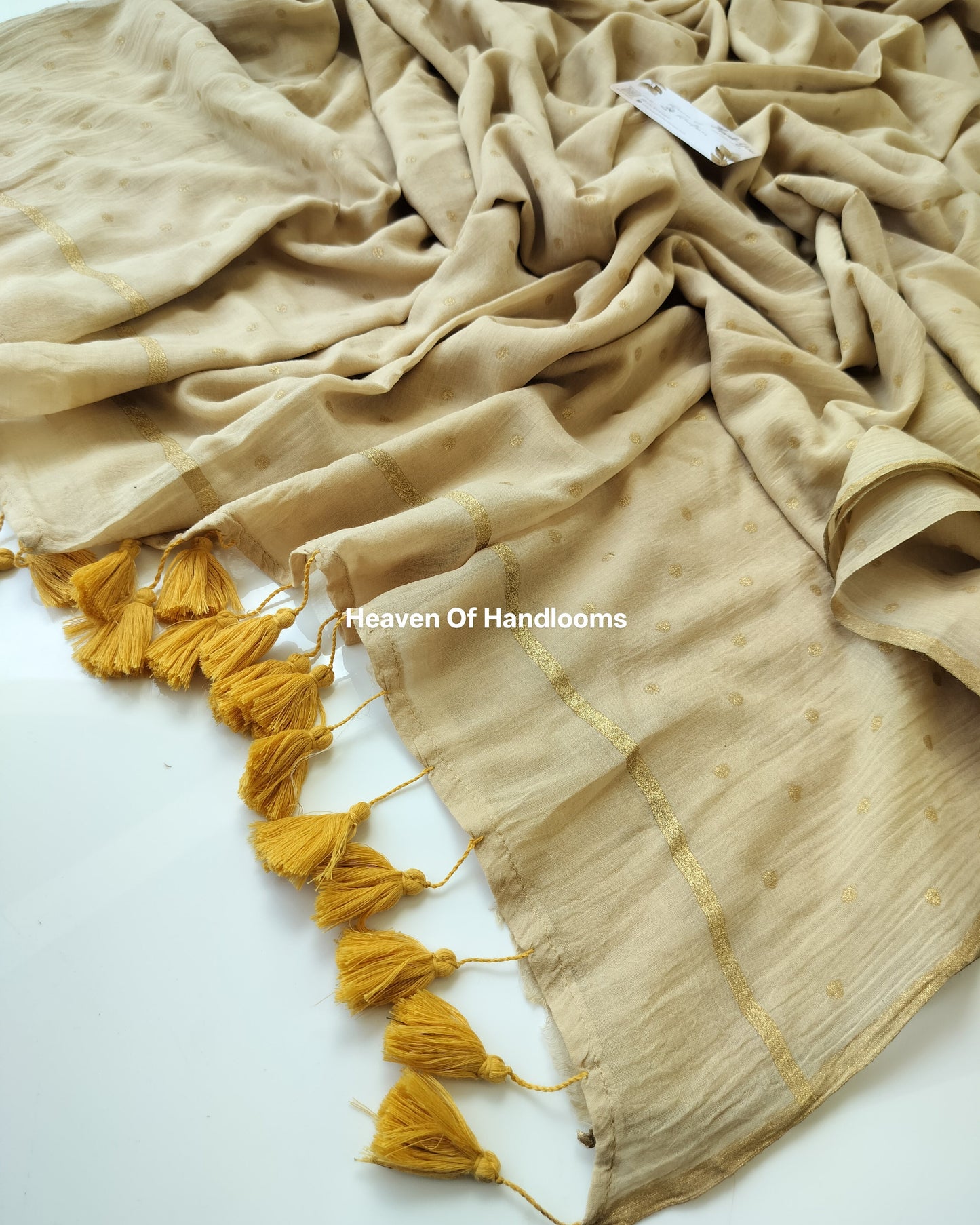 Printed Saree - Cream with Golden Polka Dot