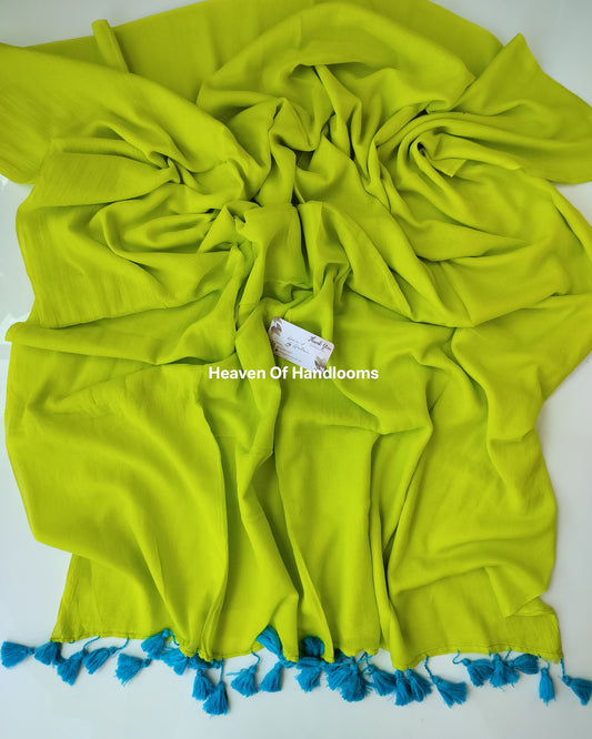 Plain Mul Saree - Neon Yellow