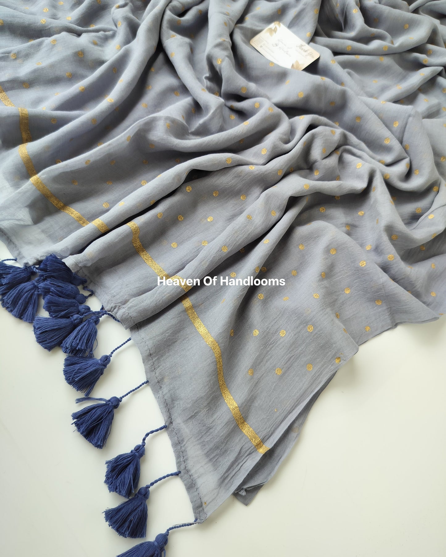 Printed Saree - Ash with Golden Polka Dot