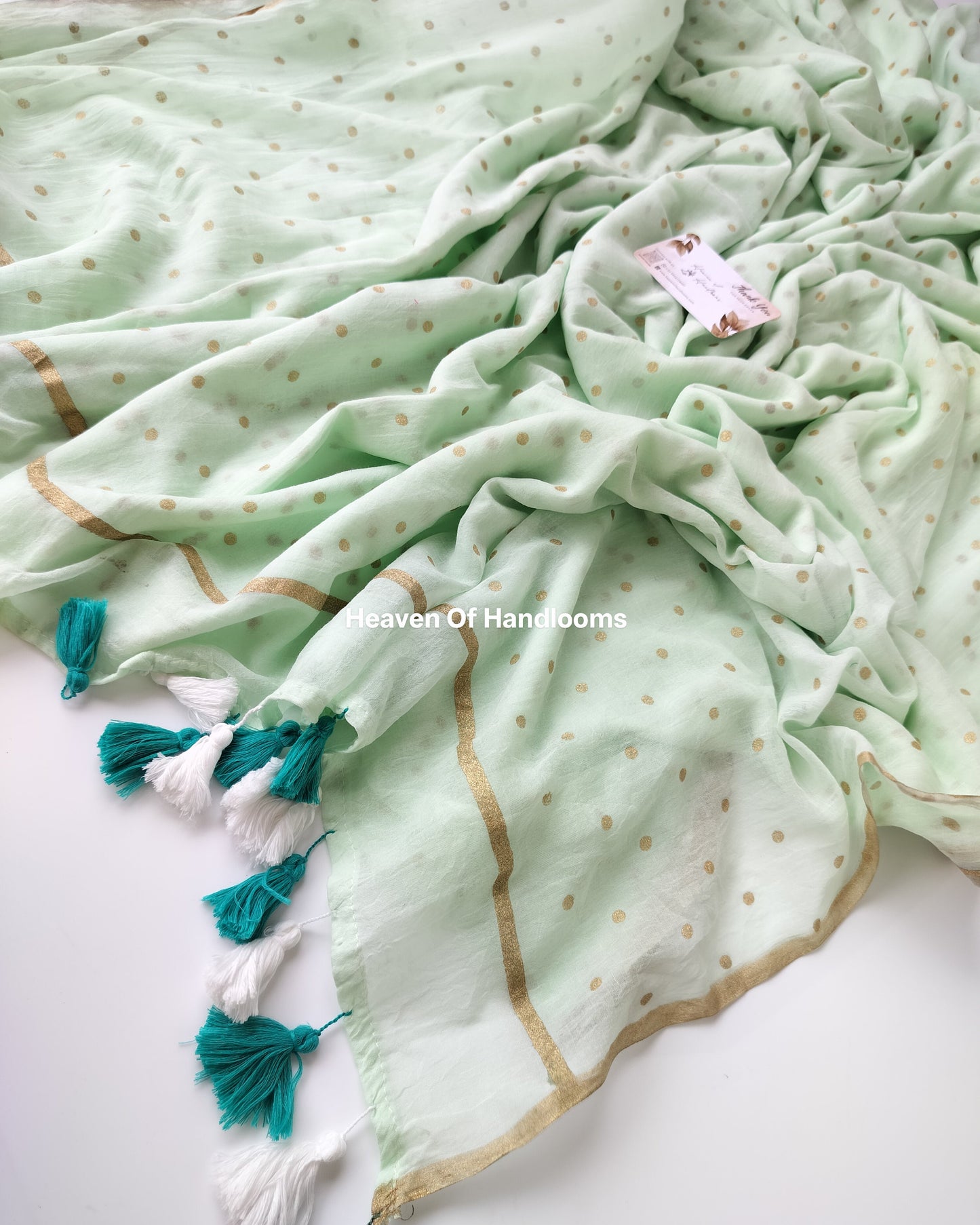 Printed Saree - Soft Mint with Golden Polka Dot