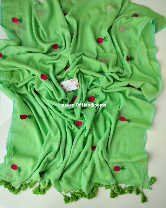 Embroidery Saree - Light Green with Pineapple