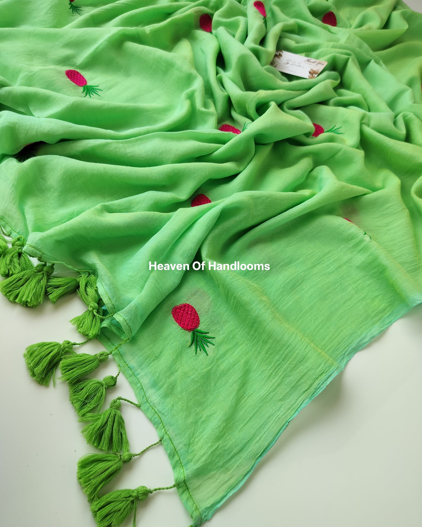Embroidery Saree - Light Green with Pineapple