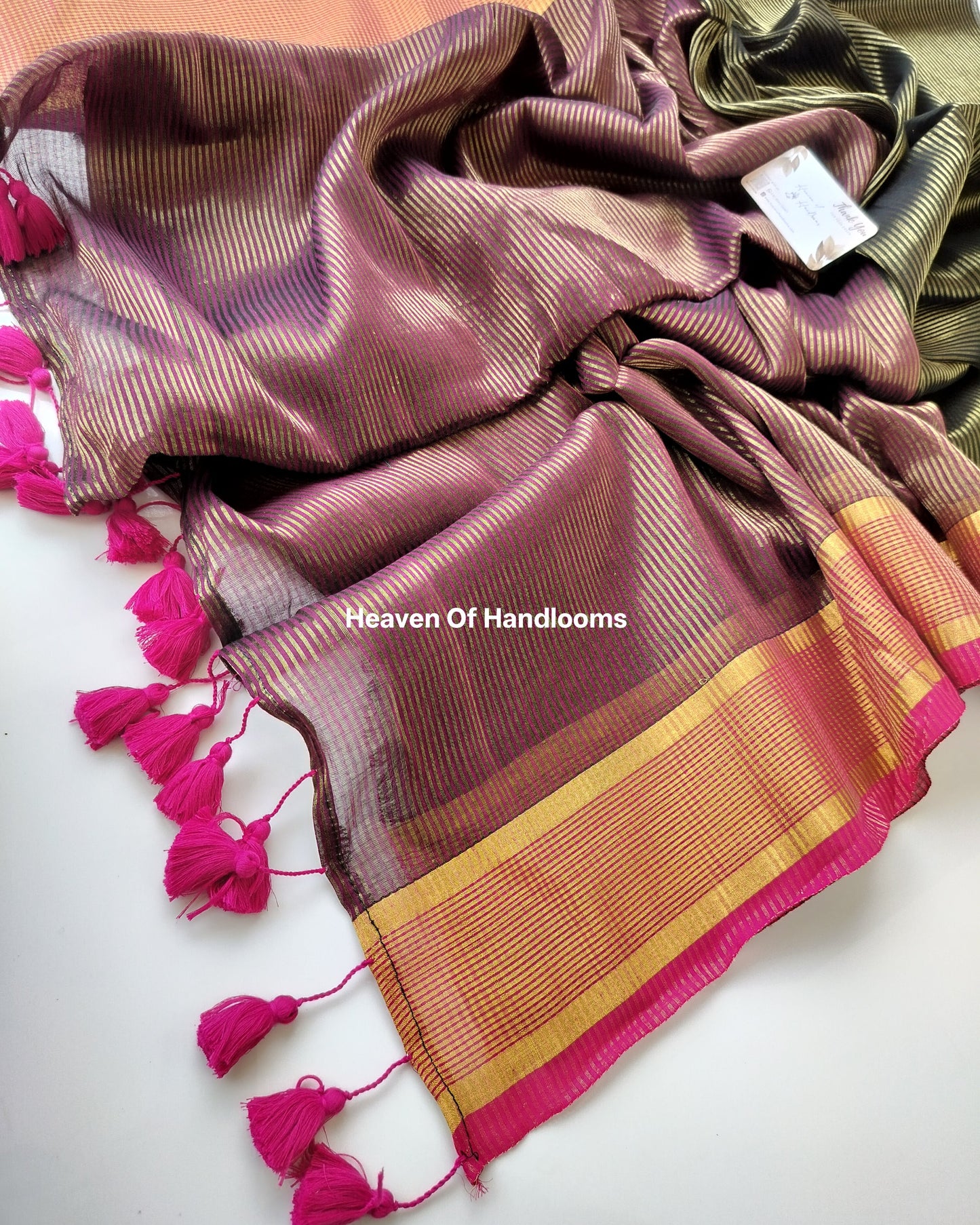 Festive Saree - Green Pink with Golden Stripe