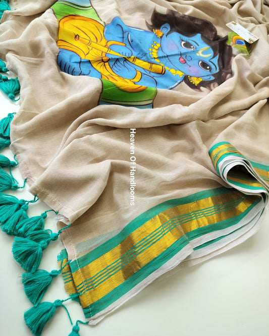 Onam-Vishu Saree - Krishna Hand Paint Teal Border