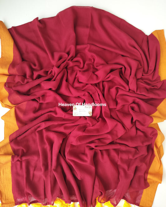 Plain Mul Saree - Scarlet with Yellow Border