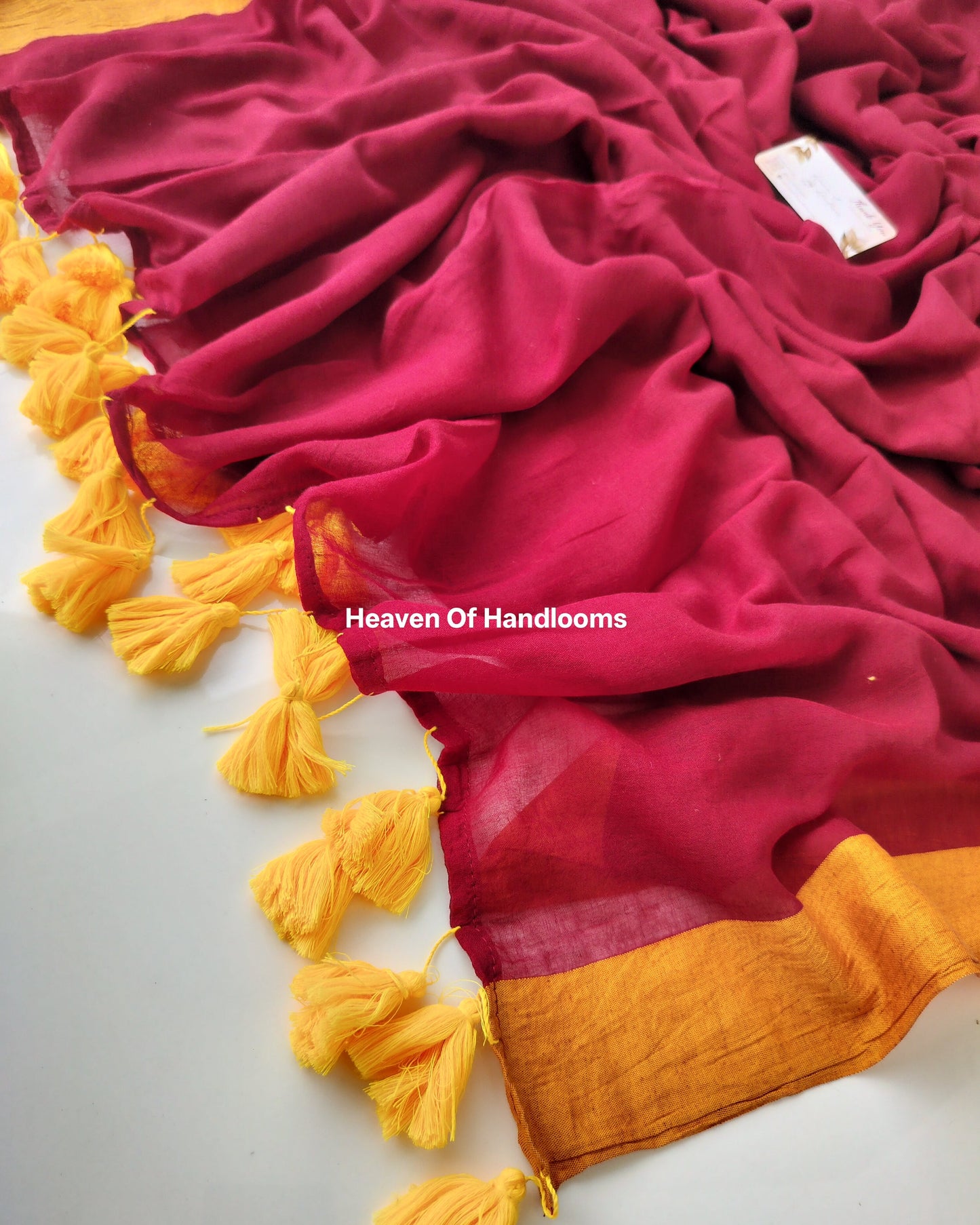 Plain Mul Saree - Scarlet with Yellow Border