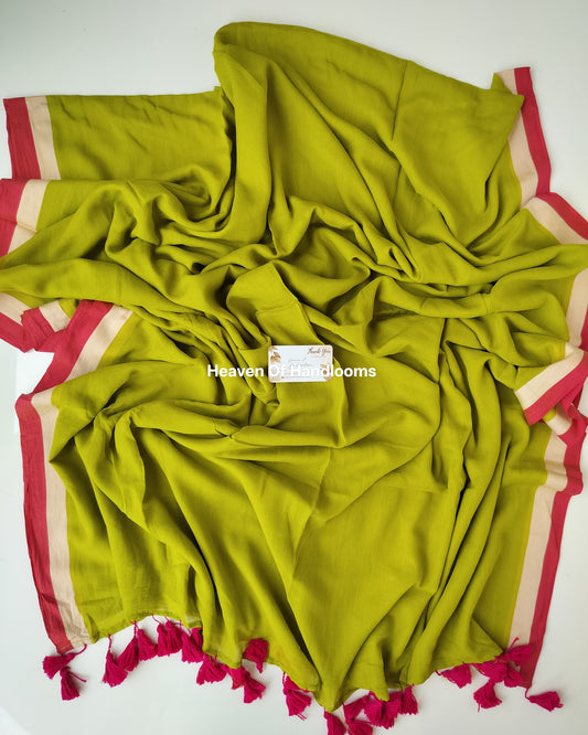 Plain Mul Saree - Green with Pink Red Border