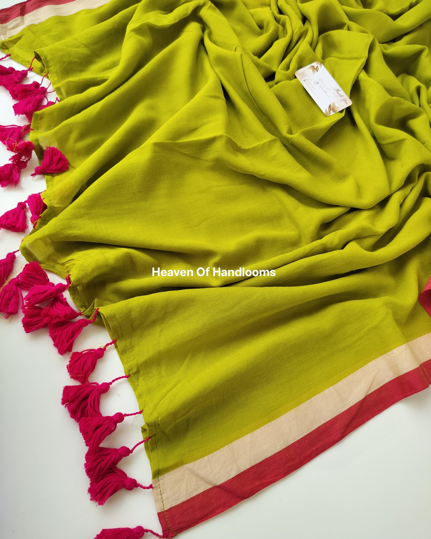 Plain Mul Saree - Green with Pink Red Border