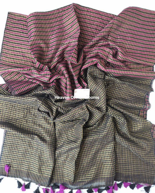 Festive Saree - Black Pink Golden Check