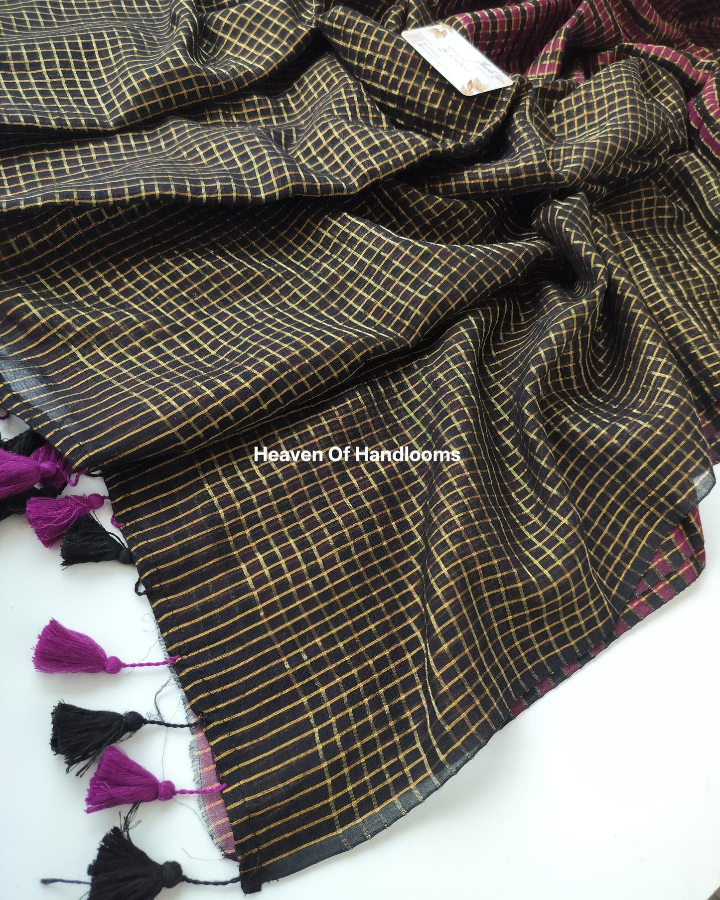 Festive Saree - Black Pink Golden Check