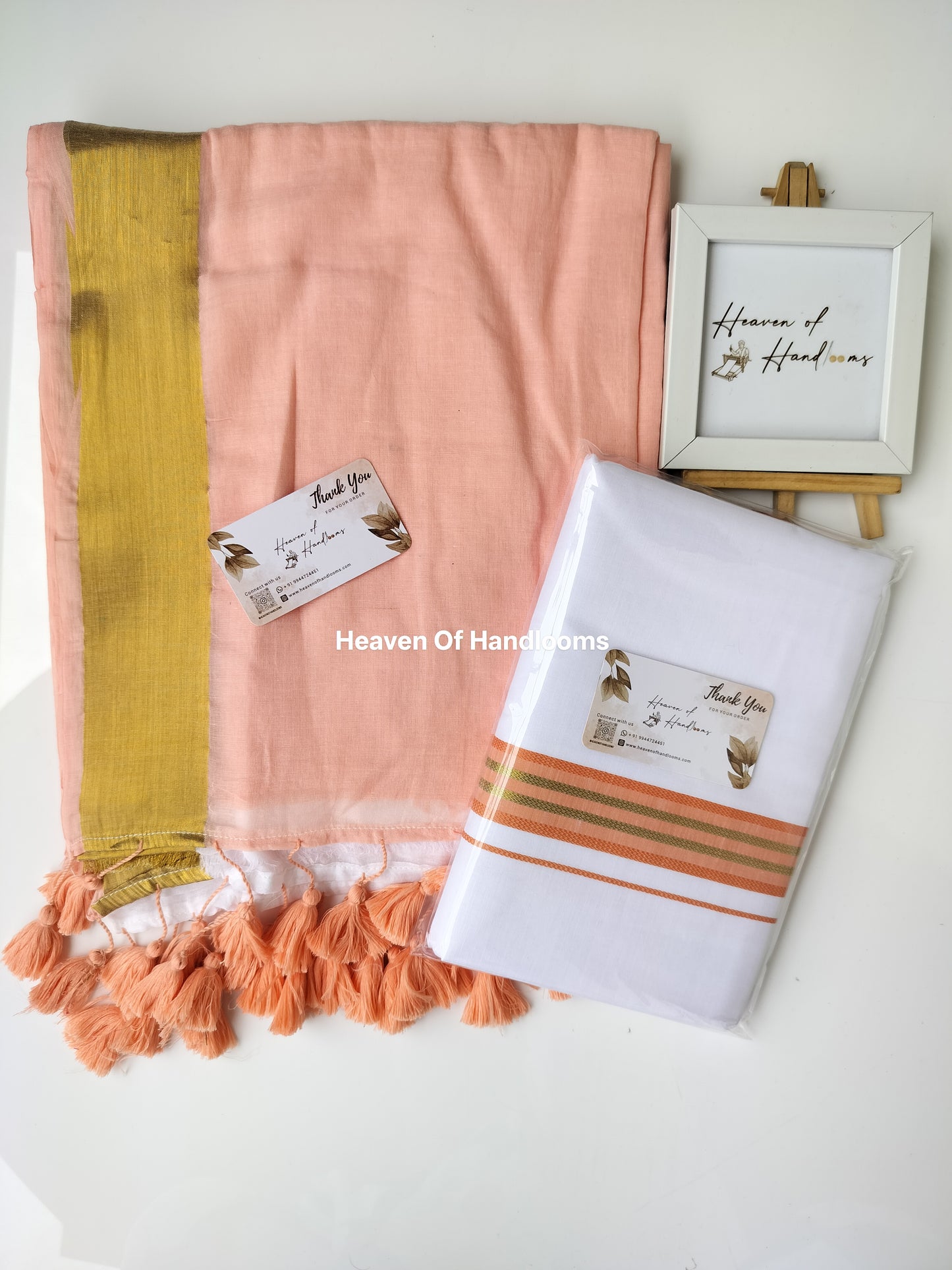 Onam vishu saree and dhoti- peach with white