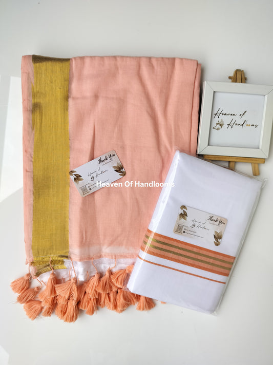 Onam vishu saree and dhoti- peach with white