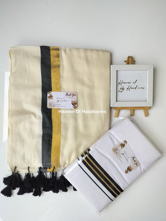 Onam vishu saree and dhoti- offwhite with Black and Golden line