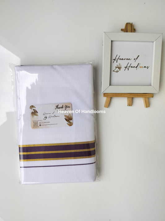 Onam vishu dhoti- white with violet and Golden line