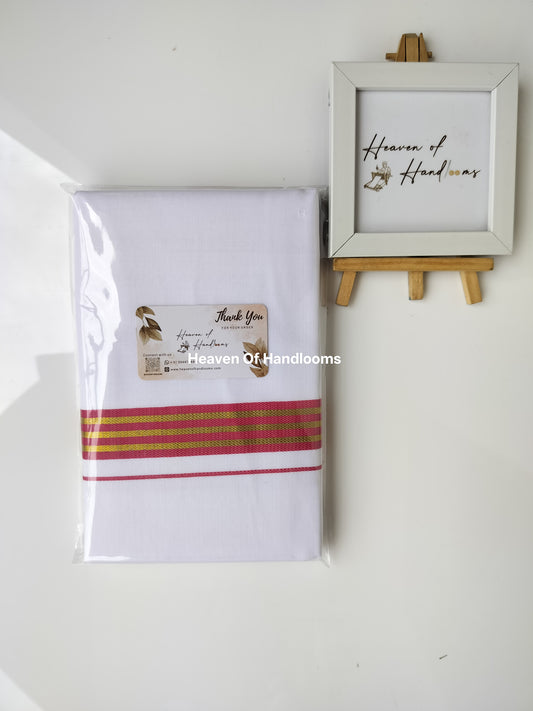 Onam vishu dhoti- white with red and Golden line