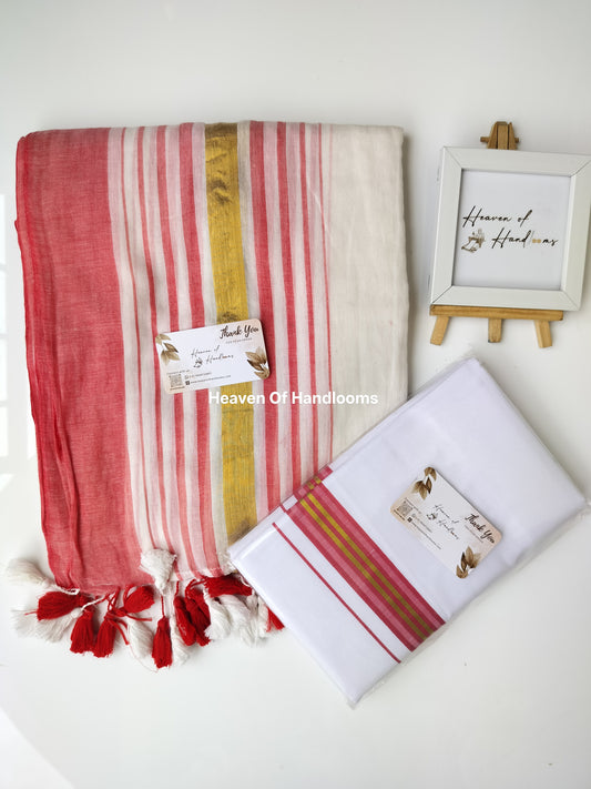 Onam vishu saree and dhoti- White with red and Golden line