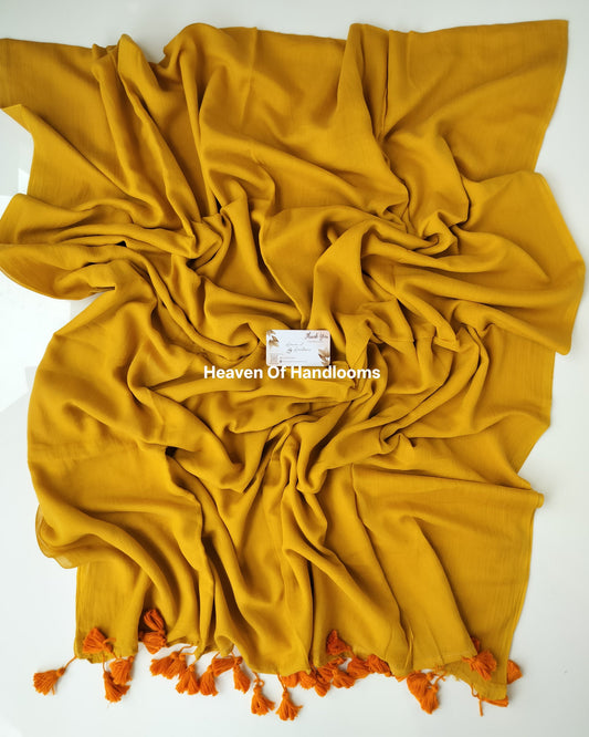 Plain Mul Saree - Mustard Yellow