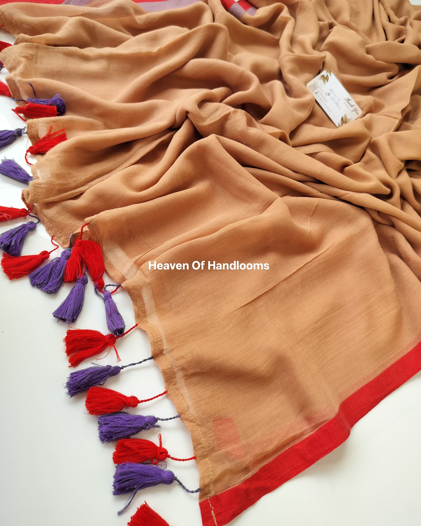 Plain Mul Saree - Light Brown with Red Border