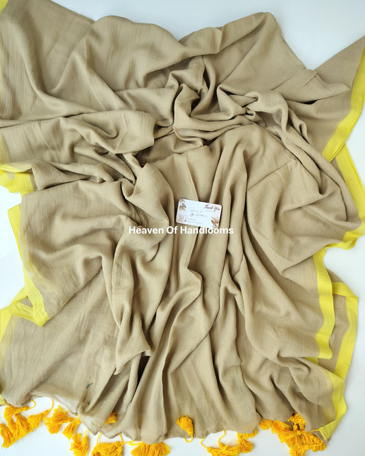 Plain Mul Saree - Beige with Yellow Border