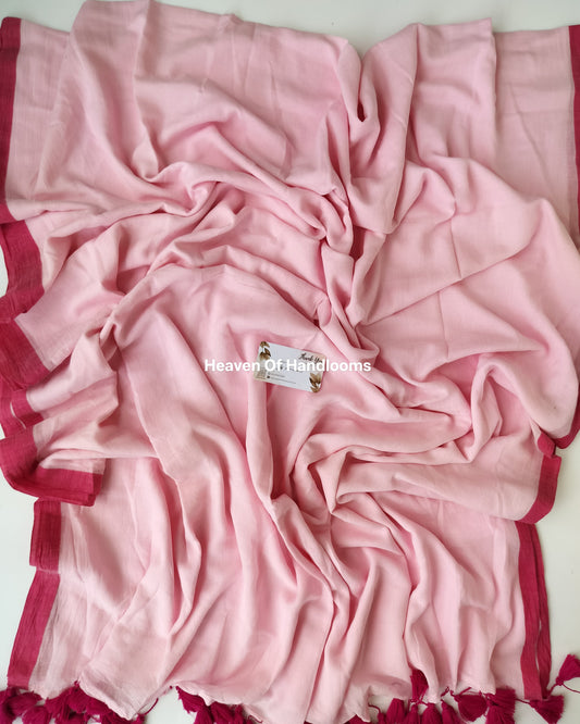 Plain Mul Saree - Pink with Red Border