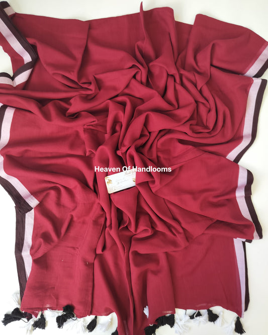 Plain Mul Saree - Berry with White Red Border