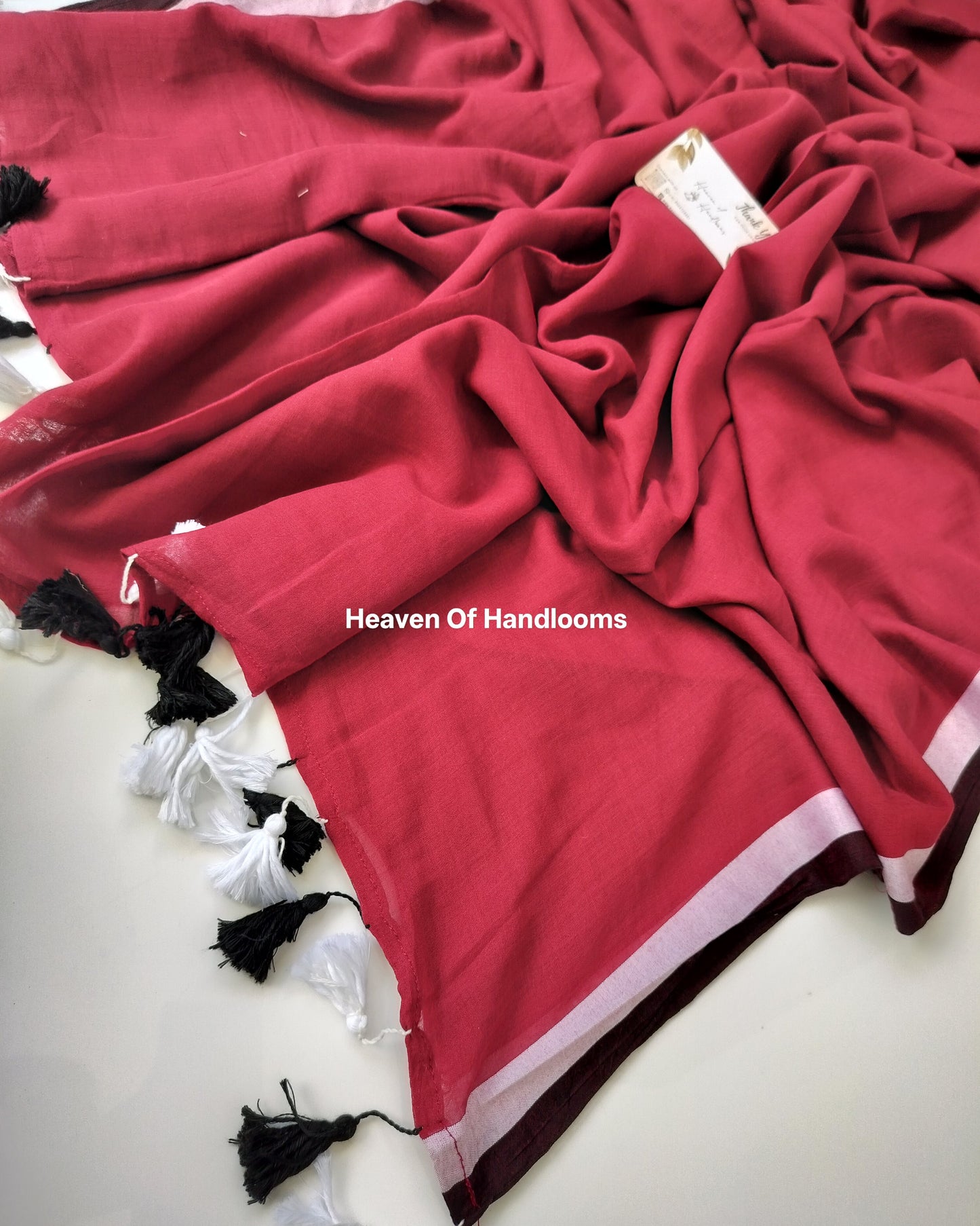 Plain Mul Saree - Berry with White Red Border