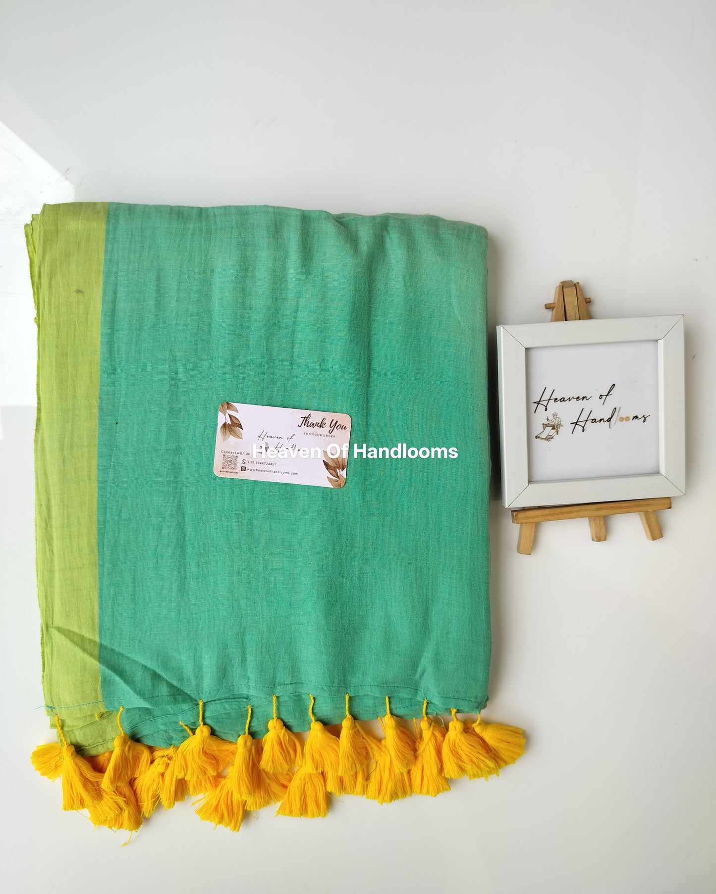 Plain Mul Saree - Aquamarine with Yellow Border