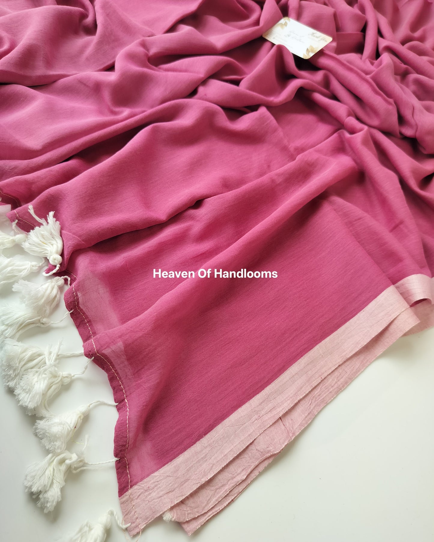 Plain Mul Saree - Pink with Rosewood Border
