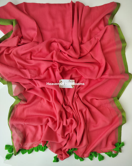 Plain Mul Saree - Red Tint with Green Border