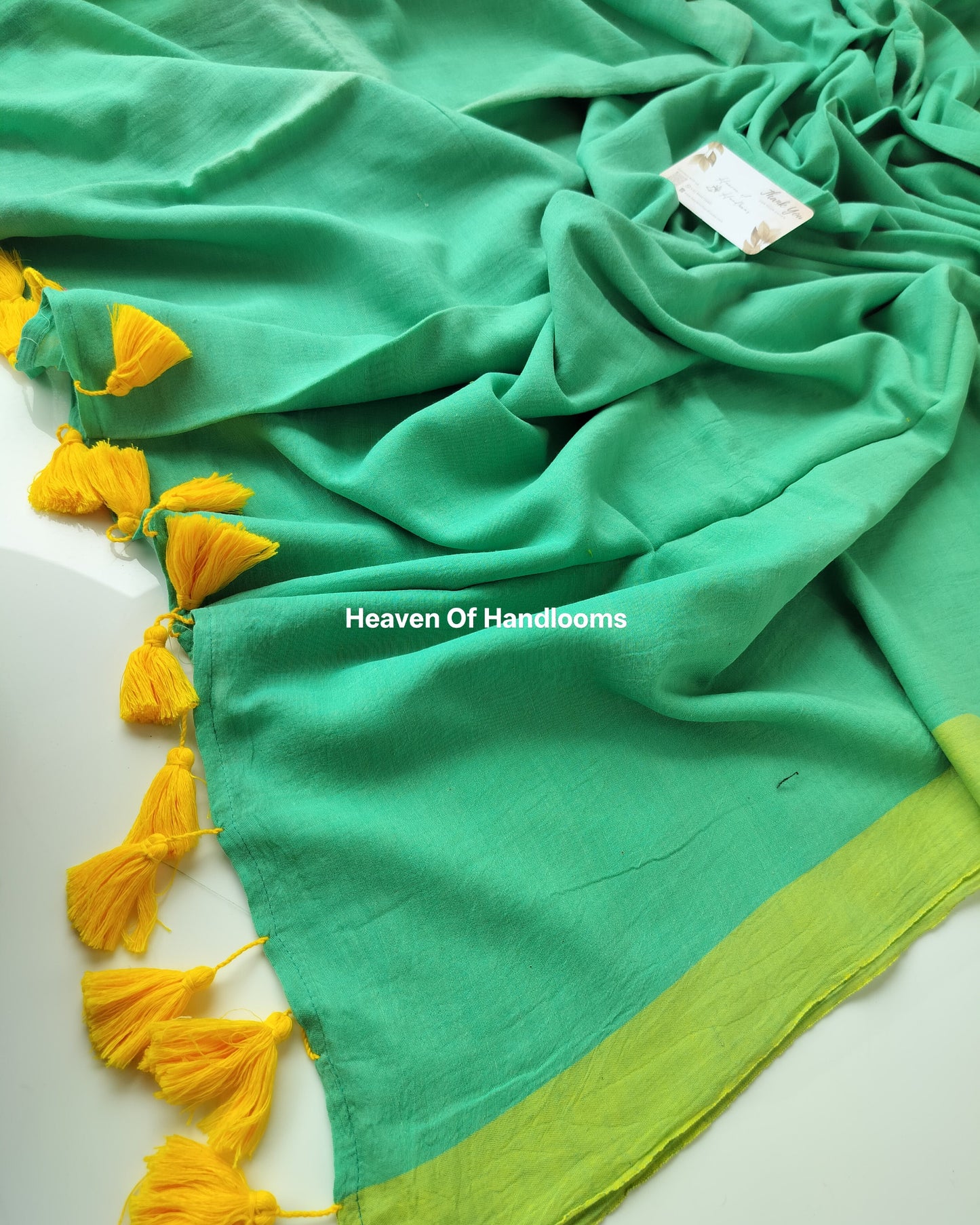 Plain Mul Saree - Aquamarine with Yellow Border