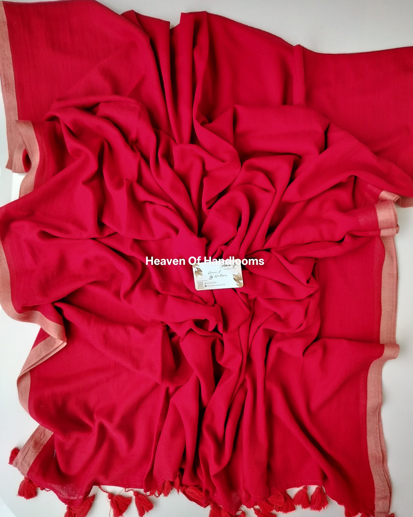 Plain Mul Saree - Red with Peach Border