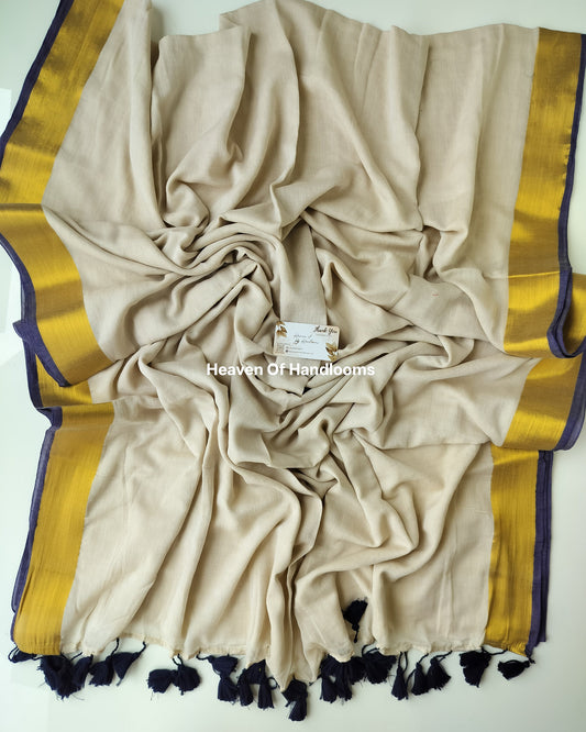 Onam-Vishu Saree - Beige with Blue Border