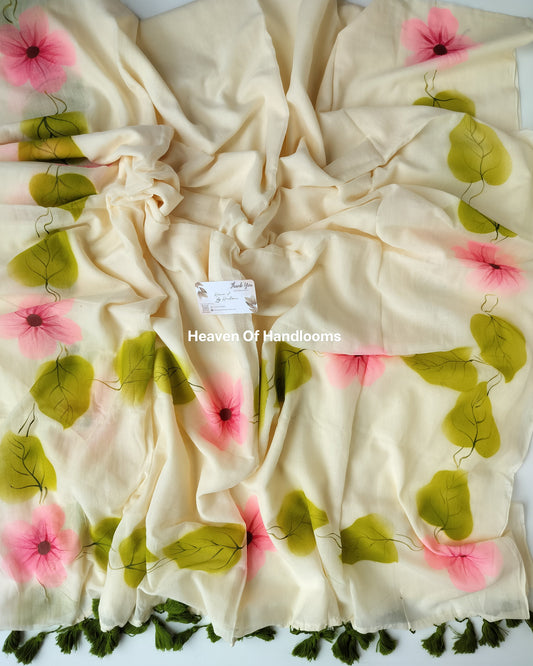 Onam-Vishu Saree - Beige with Hibiscus with Leaves