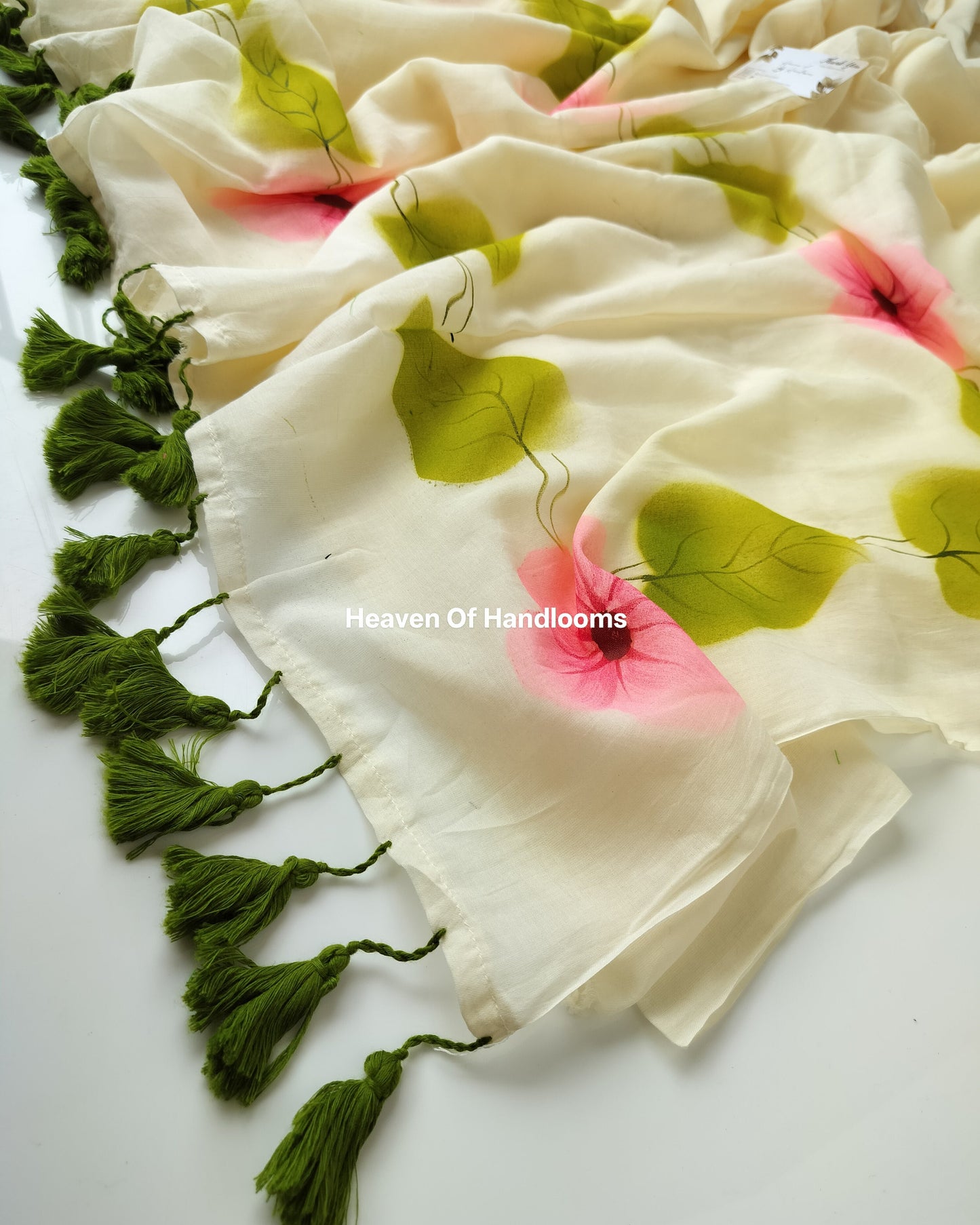Onam-Vishu Saree - Beige with Hibiscus with Leaves