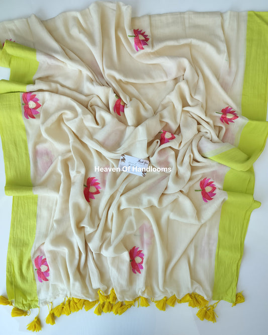 Onam-Vishu Saree - Lemon Yellow Border with Lotus Embroidery