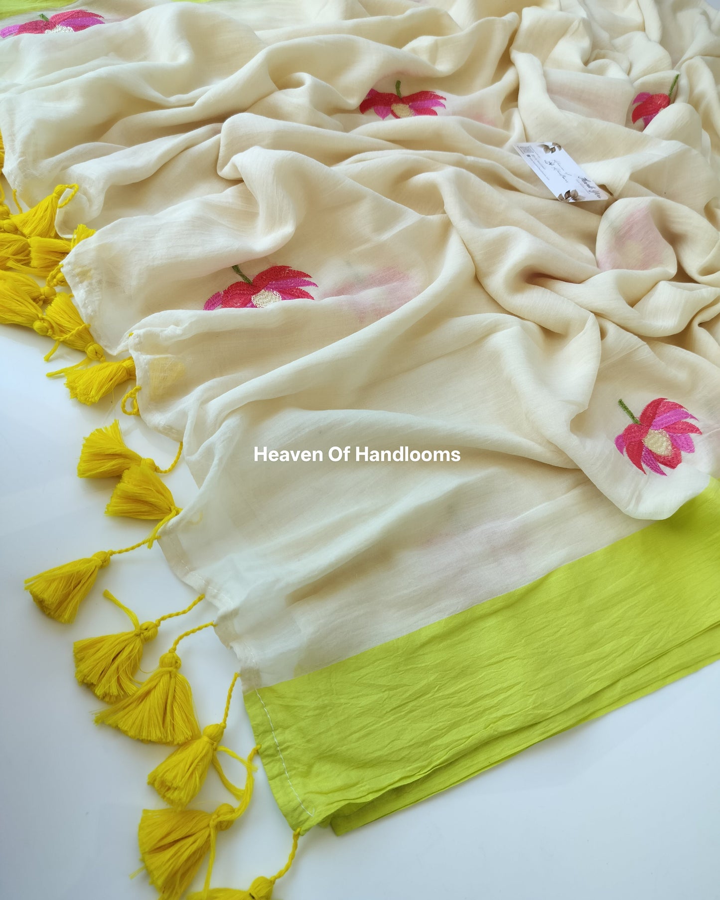 Onam-Vishu Saree - Lemon Yellow Border with Lotus Embroidery