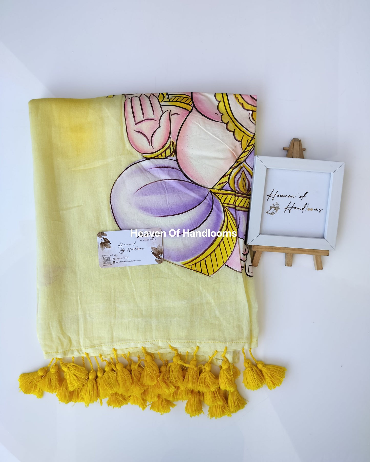 Hand Painted Saree - Pale Yellow with Ganapati