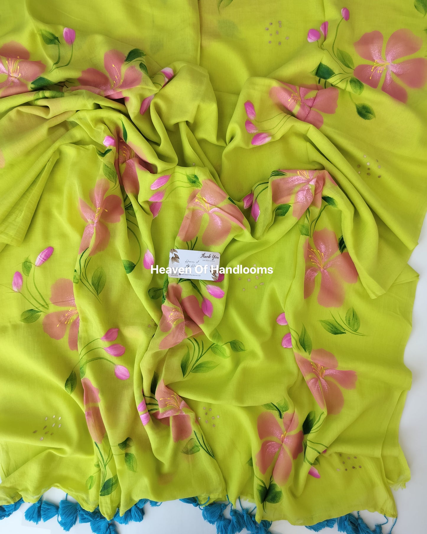Hand Painted Saree - Neon with Hibiscus