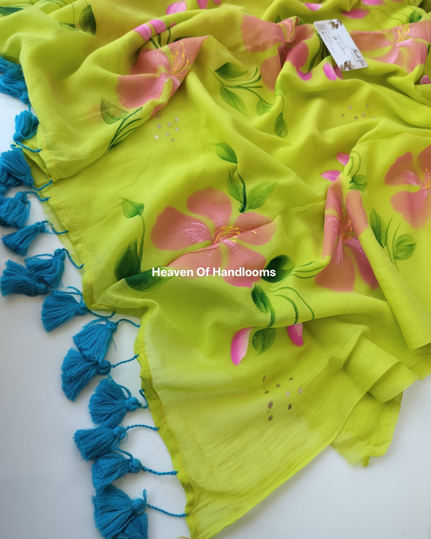 Hand Painted Saree - Neon with Hibiscus