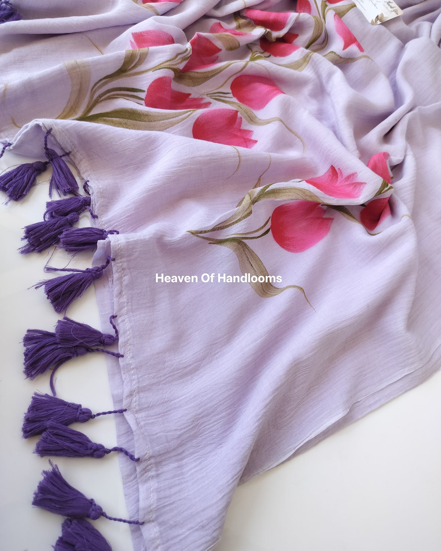 Hand Painted Saree - Pale Purple with Rose