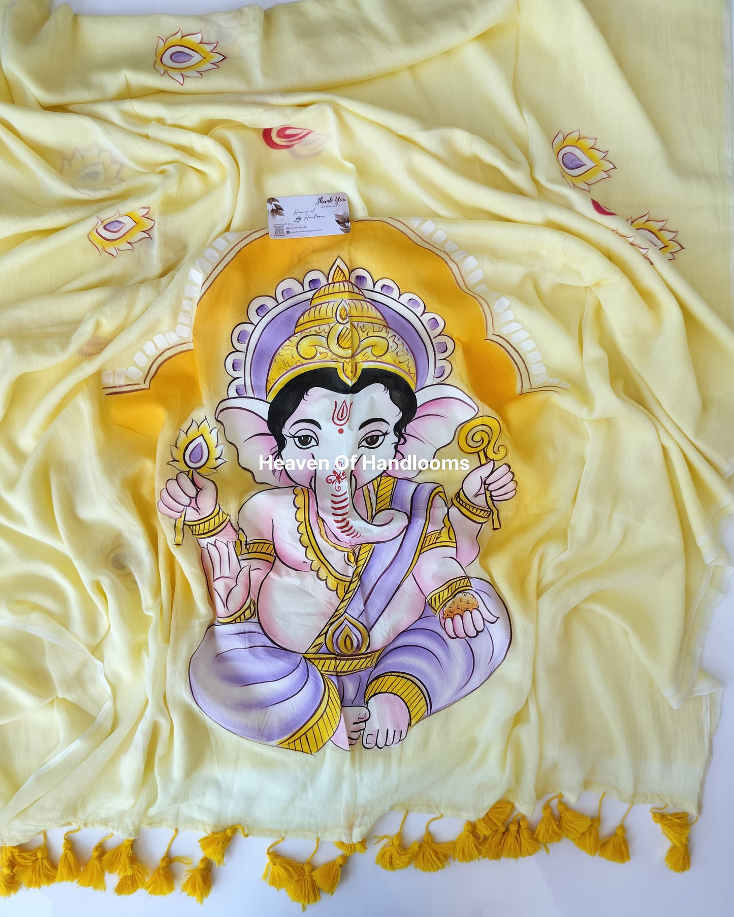 Hand Painted Saree - Pale Yellow with Ganapati